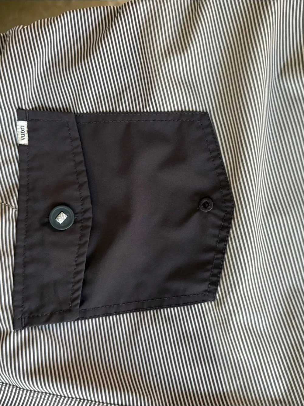 Vuori Men's Pinstripe Swim Board Shorts in Light Gray and Brown Trim